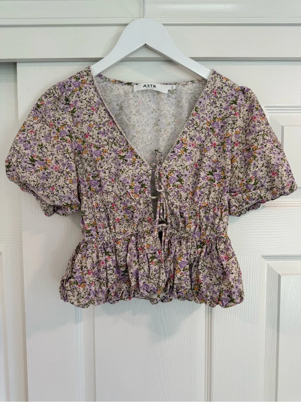 ASTR The Label Peplum Puff Sleeve Tie Front Pastel Floral Short Sleeve Blouse
